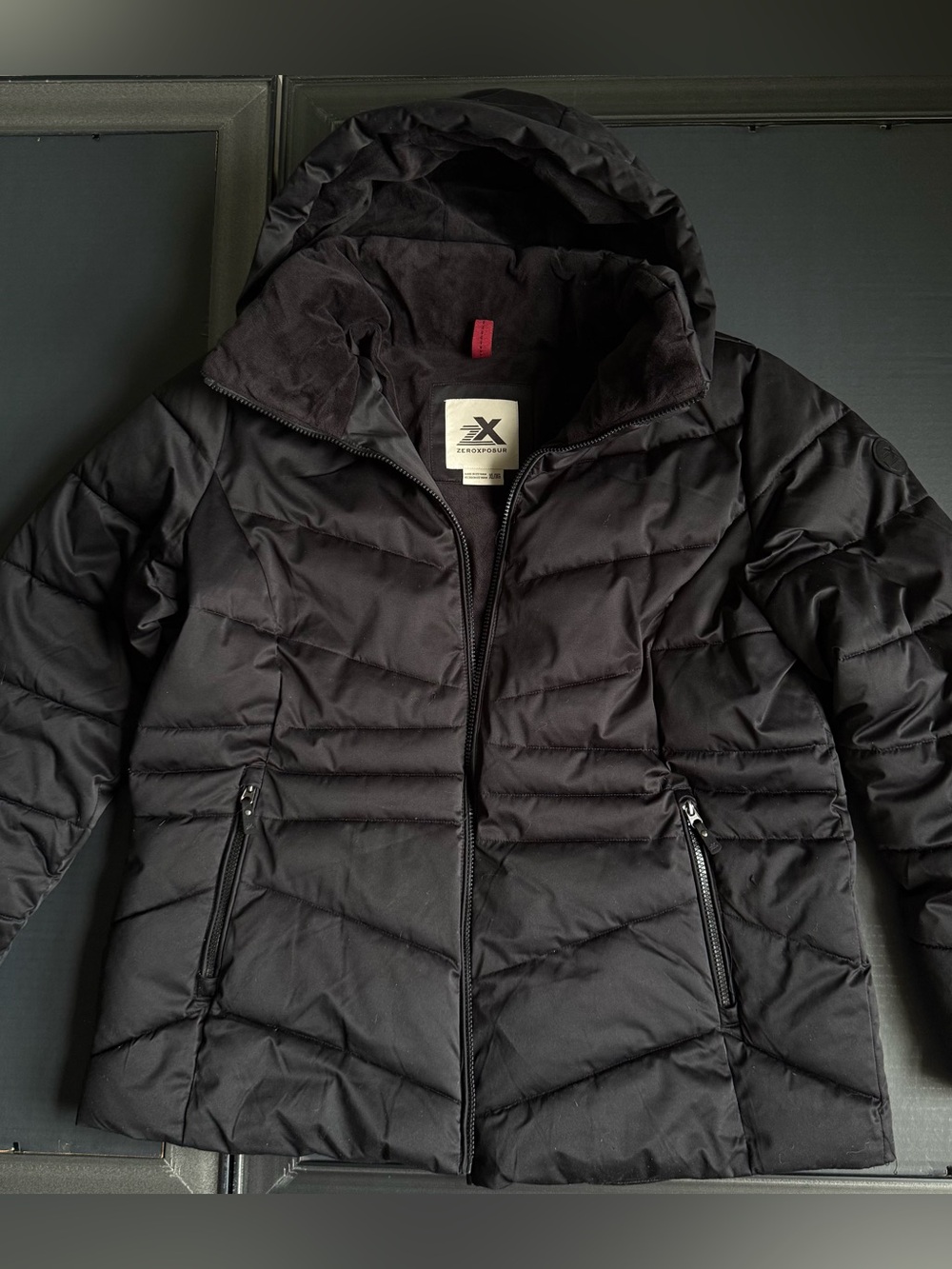 ZeroXposur Black Quilted Hooded Puffer with Red Loop Detail